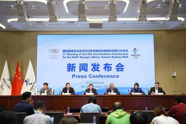 (180918) -- BEIJING, Sept. 18, 2018 -- Photo taken on Sept. 18, 2018 shows the press conference PK Pressekonferenz of the 3rd meeting of the IOC Coordination Commission for the XXIV Olympic Winter games Winterspiele Spiele Summer games Beijing 2022 in Beijing, capital of China. ) (SP)CHINA-BEIJING-2022 OLYMPIC WINTER GAMES-IOC COORDINATION COMMISSION-PRESS CONFERENCE (CN) JuxHuanzong 