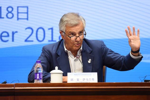 (180918) -- BEIJING, Sept. 18, 2018 -- IOC Vice-President Juan Antonio Samaranch Salisachs speaks during the press conference PK Pressekonferenz of the 3rd meeting of the IOC Coordination Commission for the XXIV Olympic Winter games Winterspiele Spiele Summer games Beijing 2022 in Beijing, capital of China, Sept. 18, 2018. ) (SP)CHINA-BEIJING-2022 OLYMPIC WINTER GAMES-IOC COORDINATION COMMISSION-PRESS CONFERENCE (CN) JuxHuanzong 