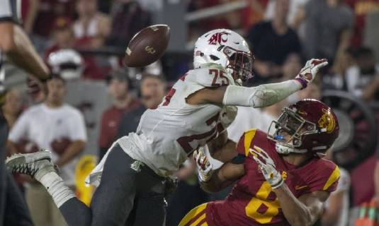 September 21, 2018 - Los Angeles, California, U.S - Washington State s safety Skyler Thomas (25) was called for pass interference on USC s wide receiver Amon-Ra St. Brown (8) during the first half against Washington State at the Los Angeles Coliseum on September 21, 2018 NCAA College League USA Footbal 2018: USC : Washington State - ZUMAg199 20180921_zap_g199_015 Copyright: xMichaelxGouldingx