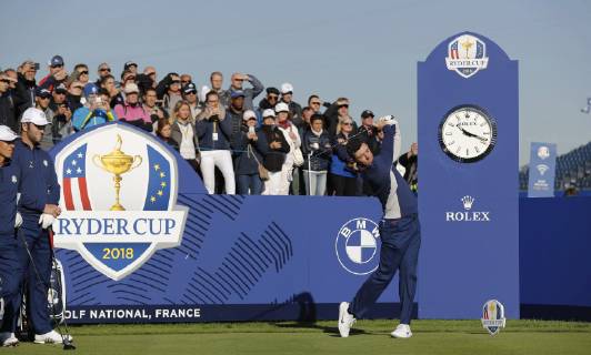 Spanish Jon Rahm (L) and his teammate Rory Mcllroy during a practice session for the Ryder Cup 2018 at The Golf National in Saint Quentin-En-Yvelines, near Paris, France, 25 September 2018. The Ryder Cup 2018 runs from 25 to 30 September. RYDER CUP !ACHTUNG: NUR REDAKTIONELLE NUTZUNG!  Copyright: xLUISxTEJIDOx GRAF1883 20180925-636734797693958794