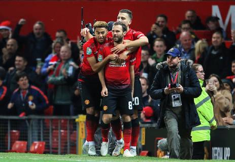 Manchester United ManU s Juan Mata celebrates after scoring his teams first goal during the Carabao Cup Third Round match at Old Trafford Stadium, Manchester. Picture date 25th September 2018. Picture credit should read: Matt McNulty Sportimage EDITORIAL USE ONLY. No use with unauthorised audio, video, data, fixture lists, club league logos or live services. Online in-match use limited to 120 images, no video emulation. No use in betting, games or single club league player publications.