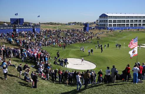 Team USA plays a practice session during a Ryder Cup 2018 warmup at Le Golf National in Guyancourt near Paris on September 26, 2018. The three-day tournament features Team USA versus Team Europe and starts Friday, September 28th.  PAR20180926060 DAVIDxSILPA
