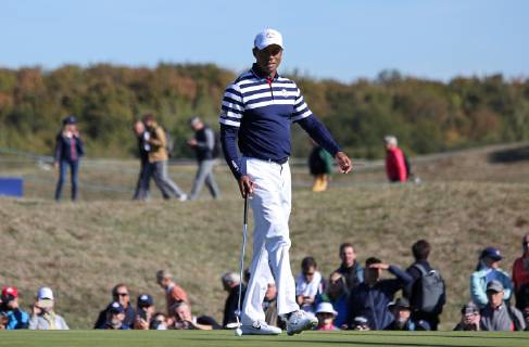 Tiger Woods pauses during a Ryder Cup 2018 practice session at Le Golf National in Guyancourt near Paris on September 26, 2018. The three-day tournament features Team USA versus Team Europe and starts Friday, September 28th.  PAR20180926036 DAVIDxSILPA
