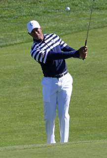 Tiger Woods hits a shot during a Ryder Cup 2018 practice session at Le Golf National in Guyancourt near Paris on September 26, 2018. The three-day tournament features Team USA versus Team Europe and starts Friday, September 28th.  PAR20180926049 DAVIDxSILPA