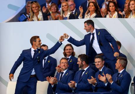 2018 Ryder Cup Opening Ceremony, Albatros Course, Le Golf National, Saint-Quentin-en-Yvelines, Paris 27 9 2018 Europe s Thorbjorn Olesen and Rory McIlroy Padraig Harrington 27 9 2018  Copyright: x©INPHO OisinxKeniryx OSH_9549