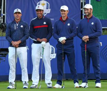 (From L to R) Brooks Koepka, Tony Finau, Justin Rose and Jon Rahm congregate at the first tee at the start of the Ryder Cup at Le Golf National in Guyancourt near Paris on September 28, 2018. Team USA will compete against Team Europe in the three-day tournament.  PAR20180928079 DAVIDxSILPA