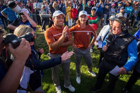 2018 Ryder Cup, Albatros Course, Le Golf National, Saint-Quentin-en-Yvelines, Paris 29 9 2018 Afternoon Foursomes Europe s Francesco Molinari and Tommy Fleetwood after their victory on the 14th Francesco Molinari and Tommy Fleetwood after their victory on the 14th 29 9 2018 Copyright: x©INPHO OisinxKeniryx MT2_9904