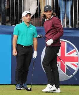 Golf - 2018 Sky Sports British Masters - Thursday, First Round Francesco Molinari of Italy and Tommy Fleetwood of england at the first hole, at Walton Heath Golf Club. COLORSPORT ANDREW COWIE