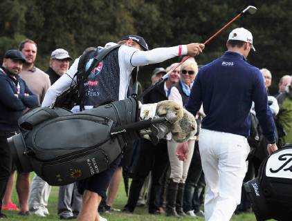 Golf - 2018 Sky Sports British Masters - Thursday, First Round Martin Kymer of Germany with his caddie and animal club covers , at Walton Heath Golf Club. COLORSPORT ANDREW COWIE