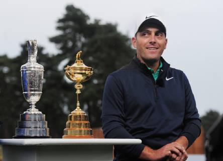 Golf - 2018 Sky Sports British Masters - Thursday, First Round Francesco Molinari of Italy with the Ryder Cup and the British Open trophy, winning both in 2018, at Walton Heath Golf Club. COLORSPORT ANDREW COWIE