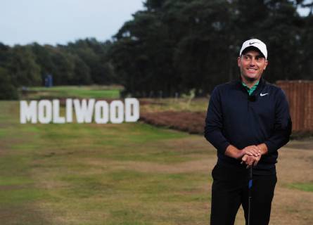 Golf - 2018 Sky Sports British Masters - Thursday, First Round Francesco Molinari of Italy with the sign Moliwood which was created after his wins in the Ryder Cup with his partner Tommy Fleetwood, at Walton Heath Golf Club. COLORSPORT ANDREW COWIE
