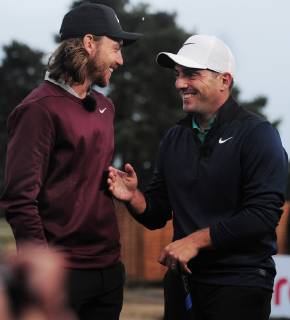 Golf - 2018 Sky Sports British Masters - Thursday, First Round Francesco Molinari of Italy and Tommy Fleetwood of England together, share a joke after their first round, at Walton Heath Golf Club. COLORSPORT ANDREW COWIE
