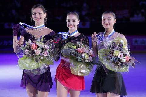 Ladies winner, Alina Zagitova, RUS (M), 2.nd Stanislava Konstantinova, RUS (L) and 3.rd Kaori Sakamot, JPN at the podium during Figure skating Eiskunstlauf ISU GP Helsinki 2018 - Day 2 at the Helsinki Arena 03. November 2018 in Helsinki, Finland. (Matti Matikainen Newspix24)  Copyright: xMattixMatikainenx NP24_00427775