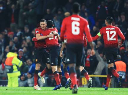 Manchester United ManU s Marouane Fellaini celebrates after scoring his teams first goal during the UEFA Champions League match at Old Trafford, Manchester. Picture date 27th November 2018. Picture credit should read: Matt McNulty Sportimage EDITORIAL USE ONLY. No use with unauthorised audio, video, data, fixture lists, club league logos or live services. Online in-match use limited to 120 images, no video emulation. No use in betting, games or single club league player publications.
