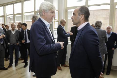 Marc Brys and Belgium s head coach Roberto Martinez pictured during the eighth edition of the Raymond Goethals award, for the coach whose style was the closest to the style of Raymond Goethals, Monday 03 December 2018, in Brussels. THIERRYxROGE  x05481830x
