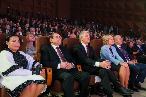 MOSCOW, RUSSIA â€“ DECEMBER 4, 2018: Irina Viner-Usmanova, chief coach of Russia s national Rhythmic gymnastics Rhythmische Sportgymnastik RSG team and head of the Russian Rhythmic Gymnastics Federation, Russian Presidential Aide Igor Levitin, Russia s Minister Pavel Kolobkov, Russia s Deputy Prime Minister Olga Golodets, and Russian national football team head coach Stanislav Cherchesov (L-R) at a ceremony to present the 2018 Russian national sport prize at the office of the Ministry of Sport of Russia. Vladimir Gerdo TASS  TS099CEB