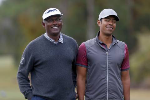 ORLANDO, FL - DECEMBER 14: Vijay Singh and his son Qass Singh pose together on the first hole before the Pro-Am of the 2018 PNC Father Son Challenge on December 14, 2018 at the The Ritz-Carlton Golf Club in Orlando, Florida. (Photo by Cliff Welch Icon Sportswire) GOLF: DEC 14 Champions Tour - PNC Father Son Challenge Icon121418105 EDITORIAL USE ONLY
