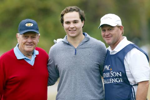 ORLANDO, FL - DECEMBER 14: Jack Nicklaus, Gary GT Nicklaus, grandson of Jack Nicklaus and Gary Nicklaus, son of Jack Nicklaus and father to GT Nicklaus pose together on the first hole before the Pro-Am of the 2018 PNC Father Son Challenge on December 14, 2018 at the The Ritz-Carlton Golf Club in Orlando, Florida. (Photo by Cliff Welch Icon Sportswire) GOLF: DEC 14 Champions Tour - PNC Father Son Challenge Icon121418111 EDITORIAL USE ONLY