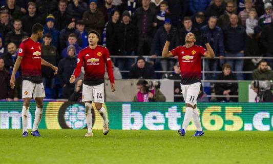 Anthony Martial of Manchester United ManU (far right) celebrates scoring his side s third goal during the Premier League match between Cardiff City and Manchester United at the Cardiff City Stadium, Cardiff, Wales on 22 December 2018. Copyright: xPRiMExMediaxImagesx PMI-2490-0021