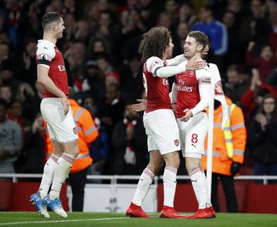 Arsenal s Aaron Ramsey celebrates scoring his sides third goal during the Premier League match at the Emirates Stadium, London.. Picture date: 1st January 2019. Picture credit should read: David Klein Sportimage EDITORIAL USE ONLY. No use with unauthorised audio, video, data, fixture lists, club league logos or live services. Online in-match use limited to 120 images, no video emulation. No use in betting, games or single club league player publications. _K2I2561