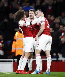 Arsenal s Aaron Ramsey celebrates scoring his sides third goal during the Premier League match at the Emirates Stadium, London.. Picture date: 1st January 2019. Picture credit should read: David Klein Sportimage EDITORIAL USE ONLY. No use with unauthorised audio, video, data, fixture lists, club league logos or live services. Online in-match use limited to 120 images, no video emulation. No use in betting, games or single club league player publications. _K2I2590