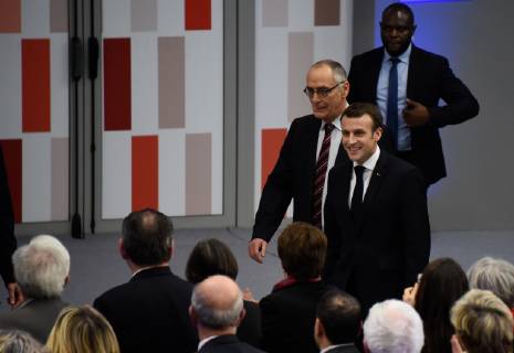 Emmanuel Macron ( president de la Republique ) a l inauguration de la Maison du Handball - Joel Delplanque ( president FFHB ) NEWS : Emmanuel Macron a l inauguration de la Maison du Handball - Creteil - 09 01 2019 FedericoPestellini Panoramic