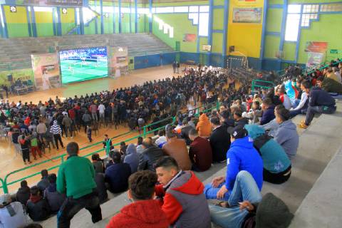 January 11, 2019 - Rafah, Gaza Strip, Palestinian Territory - Palestinian fans watch the 2019 AFC Asian Cup Group B football match between Palestine and Australia, in Rafah in the souhtern Gaza Strip on January 11, 2019. The match ended in 3-0 to Australia Middle East News - January 11, 2019 - ZUMAap3_ 88356684st Copyright: xAlixHamadx