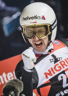 12.01.2019, Stadio del Salto, Predazzo, ITA, FIS Weltcup Skisprung, Val di Fiemme, Herren, 2. Wertungsdurchgang, im Bild Simon Ammann (SUI) Simon Ammann of Switzerland reacts after his 2nd Competition Jump for the Four Hills Tournament of FIS Ski jumping Skispringen Ski nordisch World Cup at the Stadio del Salto in Predazzo, Itali on 2019 01 12. Predazzo