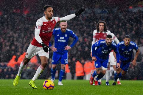 Football - 2018 2019 Premier League - Arsenal vs. Cardiff City Arsenal s Pierre-Emerick Aubameyang scores the opening goal from the penalty spot, at The Emirates. COLORSPORT ASHLEY WESTERN