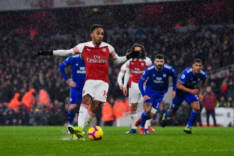 Football - 2018 2019 Premier League - Arsenal vs. Cardiff City Arsenal s Pierre-Emerick Aubameyang scores the opening goal from the penalty spot, at The Emirates. COLORSPORT ASHLEY WESTERN
