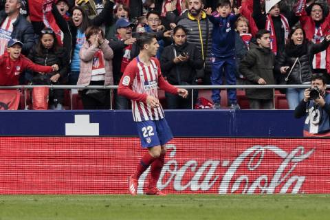 Fußball, Atletico Madrid - Real Madrid Atletico de Madrid s Alvaro Morata celebrates a VAR anulated goal during La Liga match between Atletico de Madrid and Real Madrid at Wanda Metropolitano Stadium in Madrid, Spain. February 09, 2019. (201902090186)