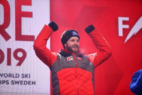 ALPINE SKIING - FIS Ski WC Are ARE,SWEDEN,11.FEB.19 - ALPINE SKIING - FIS Alpine World Ski Championships, alpine combined, slalom, men, award ceremony. Image shows Marco Schwarz (AUT). GEPAxpictures xMarioxKneisl