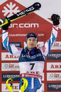 11.02.2019, Aare, SWE, FIS Weltmeisterschaften Ski Alpin, alpine Kombination, Herren, Siegerprsentation, im Bild Weltmeister und Goldmedaillengewinner Alexis Pinturault (FRA) champion and gold medalist Alexis Pinturault of France during the winner presentation of the men s alpine combination for the FIS Ski World Championships 2019. Aare, Sweden on 2019 02 11. Aare