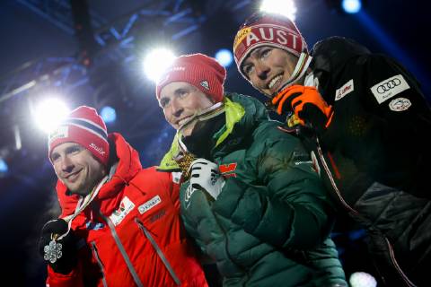 NORDIC SKIING - FIS Nordic World Ski Championships Seefeld 2019 SEEFELD,AUSTRIA,22.FEB.19 - NORDIC SKIING, NORDIC COMBINED - FIS Nordic World Ski Championships, medal plaza, award ceremony, 10km Gundersen, large hill. Image shows Jan Schmid (NOR), Eric Frenzel (GER) and Franz-Josef Rehrl (AUT). Keywords: medal. GEPAxpictures xChristianxWalgram