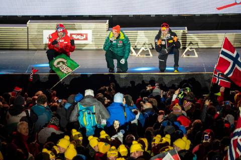 NORDIC SKIING - FIS Nordic World Ski Championships Seefeld 2019 SEEFELD,AUSTRIA,22.FEB.19 - NORDIC SKIING, NORDIC COMBINED - FIS Nordic World Ski Championships, medal plaza, award ceremony, 10km Gundersen, large hill. Image shows Jan Schmid (NOR), Eric Frenzel (GER) and Franz-Josef Rehrl (AUT). GEPAxpictures xPhilippxBrem