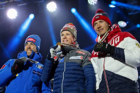 Nordische Ski WM in Seefeld, Langlauf Sprint Herren, Siegerehrung NORDIC SKIING - FIS Nordic World Ski Championships Seefeld 2019 SEEFELD,AUSTRIA,22.FEB.19 - NORDIC SKIING, CROSS COUNTRY SKIING - FIS Nordic World Ski Championships, medal plaza, award ceremony, sprint, men. Image shows Federico Pellegrino (ITA), Johannes Hoesflot Klaebo (NOR) and Gleb Retivykh (RUS). Keywords: medal. GEPAxpictures xChristianxWalgram