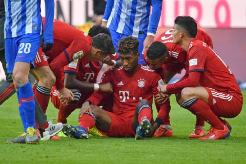Kingsley COMAN (Bayern Muenchen), verletzt,Verletzung,Auswechslung. Fussball 1. Bundesliga, 23.Spieltag,Spieltag23, FC Bayern Muenchen M) - Hertha BSC Berlin (B), am 23.02.2019 in Muenchen A L L I A N Z A R E N A, DFL REGULATIONS PROHIBIT ANY USE OF PHOTOGRAPHS AS IMAGE SEQUENCES AND OR QUASI-VIDEO.