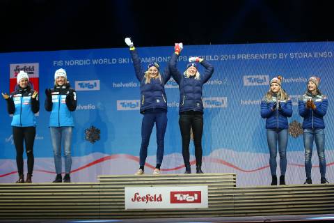 NORDIC SKIING - FIS Nordic World Ski Championships Seefeld 2019 SEEFELD,AUSTRIA,24.FEB.19 - NORDIC SKIING, CROSS COUNTRY SKIING - FIS Nordic World Ski Championships, team sprint Classic, ladies, award ceremony. Image shows Katja Visnar (SLO), Lampic Anamarija (SLO), Stina Nilsson (SWE), Maja Dahlqvis (SWE), Ingvild Flugstad Oestberg (NOR) and Maiken Caspersen Falla (NOR). GEPAxpictures xCh.xKelemen