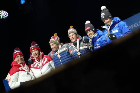 NORDIC SKIING - FIS Nordic World Ski Championships Seefeld 2019 SEEFELD,AUSTRIA,24.FEB.19 - NORDIC SKIING, CROSS COUNTRY SKIING - FIS Nordic World Ski Championships, team sprint Classic, ladies, award ceremony. Image shows Alexander Bolshunov (RUS), Gleb Retivykh (RUS), Emil Iversen (NOR), Johannes Hoesflot Klaebo (NOR), Federico Pellegrino and Francesco De Fabiani (ITA). GEPAxpictures xChristianxWalgram