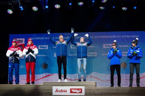 190224 Silver medalists Gleb Retivykh and Alexander Bolshunov of Russia, gold medalists Johannes Hosflot Klaebo and Emil Iversen of Norway and bronze medalists Bronze medalists Francesco di Fabiani and Federico Pellegrino of Italy at the medal ceremony for menÂ s team sprint during the FIS Nordic World Ski Championships on February 24, 2019 in Seefeld in Tirol. Photo: Vegard Wivestad Grott BILDBYRAN kod VG 170298 Copyright: VEGARDxWIVESTADxGRoTT BB190224ZO040
