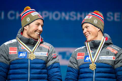 190224 Gold medalists Johannes Hosflot Klaebo and Emil Iversen of Norway at the medal ceremony for menÂ s team sprint during the FIS Nordic World Ski Championships on February 24, 2019 in Seefeld in Tirol. Photo: Vegard Wivestad Grott BILDBYRAN kod VG 170298 Copyright: VEGARDxWIVESTADxGRoTT BB190224ZS038