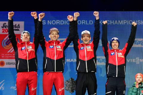 2019.02.24 Seefeld Innsbruck Mistrzostwa Swiata w Narciarstwie Klasycznym Seefeld 2019 Konkurs druzynowy na duzej skoczni Bergisel HS130 - ceremonia medalowa N z Stefan Kraft, Michael Hayboeck, Philipp Aschenwald, Daniel Huber Foto Martyna Szydlowska Newspix 2019.02.24 Seefeld Innsbruck FIS Nordic World Ski Championship Seefeld 2019 Team competition large hill Bergisel HS130 - medal ceremony Stefan Kraft, Michael Hayboeck, Philipp Aschenwald, Daniel Huber Credit: Martyna Szydlowska Newspix --- Newspix.pl  20190224_MS_095