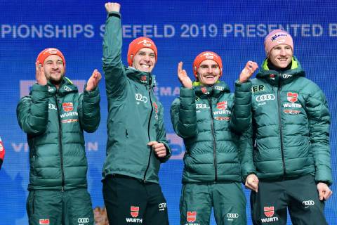 2019.02.24 Seefeld Innsbruck Mistrzostwa Swiata w Narciarstwie Klasycznym Seefeld 2019 Konkurs druzynowy na duzej skoczni Bergisel HS130 - ceremonia medalowa N z Markus Eisenbichler, Karl Geiger, Richard Freitag, Stephan Leyhe Foto Martyna Szydlowska Newspix 2019.02.24 Seefeld Innsbruck FIS Nordic World Ski Championship Seefeld 2019 Team competition large hill Bergisel HS130 - medal ceremony Markus Eisenbichler, Karl Geiger, Richard Freitag, Stephan Leyhe Credit: Martyna Szydlowska Newspix --- Newspix.pl  20190224_MS_099