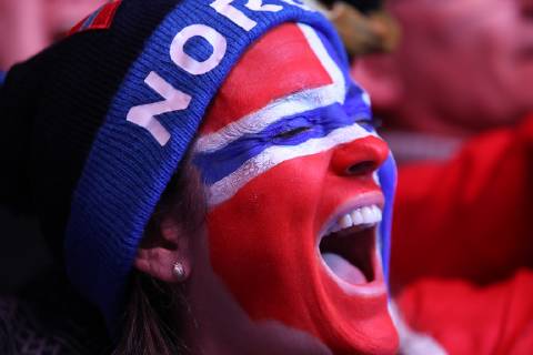 NORDIC SKIING - FIS Nordic World Ski Championships Seefeld 2019 SEEFELD,AUSTRIA,28.FEB.19 - NORDIC SKIING, Ski jumping Skispringen Ski nordisch - FIS Nordic World Ski Championships, Medal Plaza, award ceremony, normal hill, ladies. Image shows a fan of NOR. GEPAxpictures xChristianxWalgram