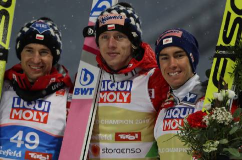 NORDIC SKIING - FIS Nordic World Ski Championships Seefeld 2019 SEEFELD,AUSTRIA,01.MAR.19 - NORDIC SKIING, Ski jumping Skispringen Ski nordisch - FIS Nordic World Ski Championships, normal hill, men. Image shows Kamil Stoch (POL), Dawid Kubacki (POL) and Stefan Kraft (AUT). GEPAxpictures xAndreasxPranter