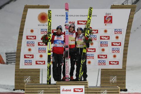 NORDIC SKIING - FIS Nordic World Ski Championships Seefeld 2019 SEEFELD,AUSTRIA,01.MAR.19 - NORDIC SKIING, Ski jumping Skispringen Ski nordisch - FIS Nordic World Ski Championships, normal hill, men. Image shows Kamil Stoch (POL), Dawid Kubacki (POL) and Stefan Kraft (AUT). GEPAxpictures xAndreasxPranter