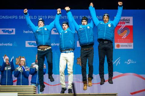 NORDIC SKIING - FIS Nordic World Ski Championships Seefeld 2019 SEEFELD,AUSTRIA,01.MAR.19 - NORDIC SKIING, CROSS COUNTRY SKIING - FIS Nordic World Ski Championships, Medal Plaza, award ceremony, 4x10km relay, men. Image shows Adrien Backscheider (FRA), Maurice Manificat (FRA), Clement Parisse (FRA) and Richard Jouve (FRA). GEPAxpictures xPhilippxBrem