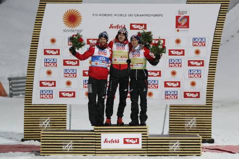 NORDIC SKIING - FIS Nordic World Ski Championships Seefeld 2019 SEEFELD,AUSTRIA,01.MAR.19 - NORDIC SKIING, Ski jumping Skispringen Ski nordisch - FIS Nordic World Ski Championships, normal hill, men. Image shows Kamil Stoch (POL), Dawid Kubacki (POL) and Stefan Kraft (AUT). GEPAxpictures xAndreasxPranter