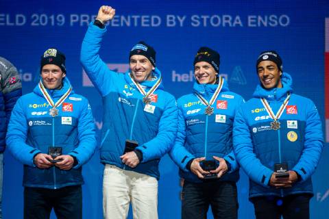 NORDIC SKIING - FIS Nordic World Ski Championships Seefeld 2019 SEEFELD,AUSTRIA,01.MAR.19 - NORDIC SKIING, CROSS COUNTRY SKIING - FIS Nordic World Ski Championships, Medal Plaza, award ceremony, 4x10km relay, men. Image shows Adrien Backscheider (FRA), Maurice Manificat (FRA), Clement Parisse (FRA) and Richard Jouve (FRA). GEPAxpictures xPhilippxBrem