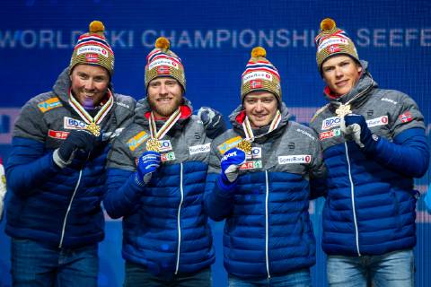 NORDIC SKIING - FIS Nordic World Ski Championships Seefeld 2019 SEEFELD,AUSTRIA,01.MAR.19 - NORDIC SKIING, CROSS COUNTRY SKIING - FIS Nordic World Ski Championships, Medal Plaza, award ceremony, 4x10km relay, men. Image shows Emil Iversen, Martin Johnsrud Sundby, Sjur Roethe and Johannes Hoesflot Klaebo (NOR). GEPAxpictures xPhilippxBrem
